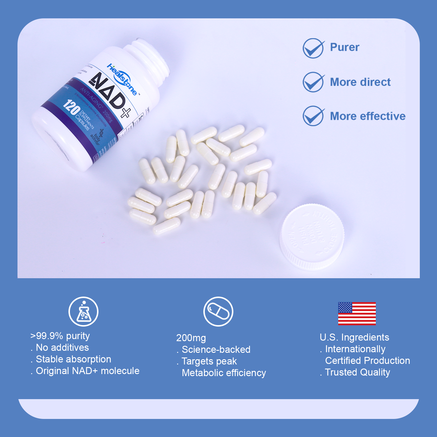 Bottle of NAD+ capsules spilling out